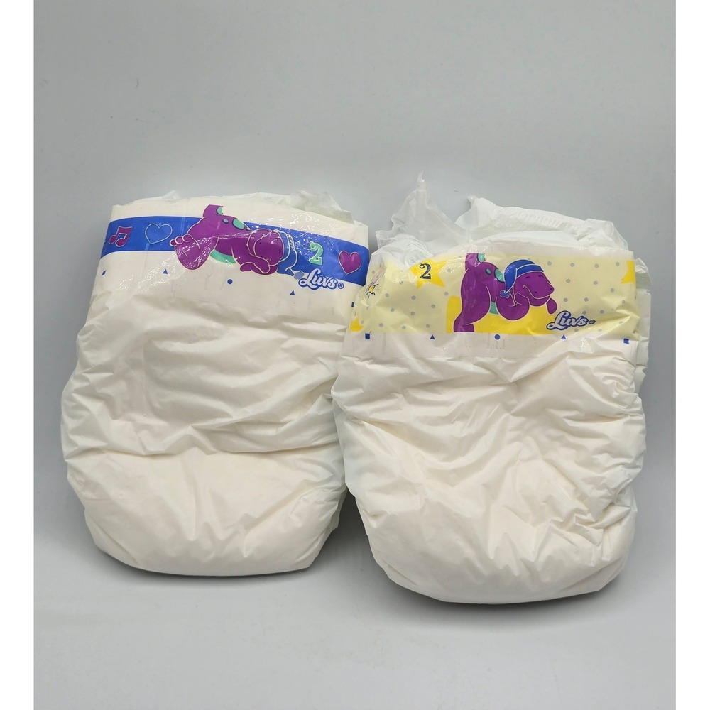 Set of 2 Vintage Luvs PLASTIC Diapers Size 2 - Barney Character Prop Collectible